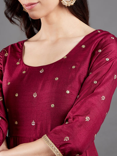 Burgundy Embroidered Maxi Dress With Dupatta