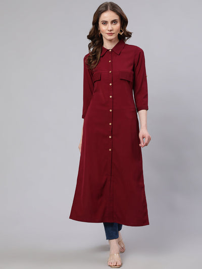 Maroon Button Down Long Kurta