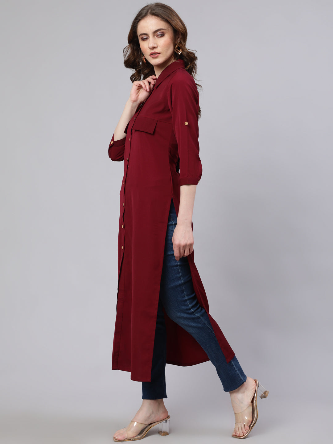 Maroon Button Down Long Kurta