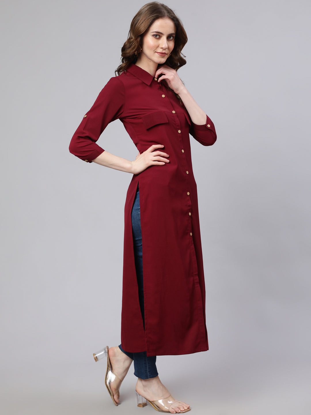 Maroon Button Down Long Kurta