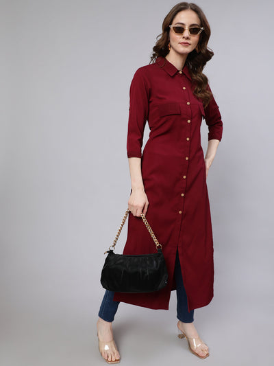 Maroon Button Down Long Kurta