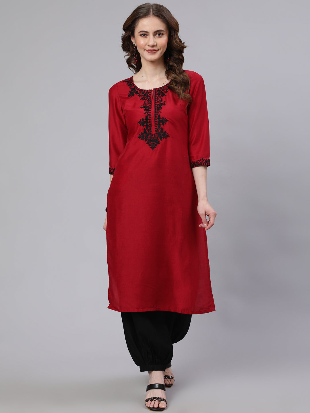 Red Embroidered Straight Kurta