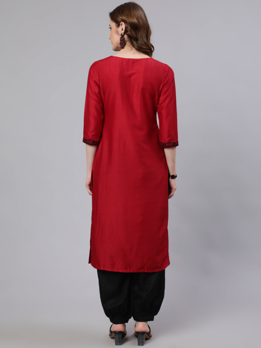 Red Embroidered Straight Kurta