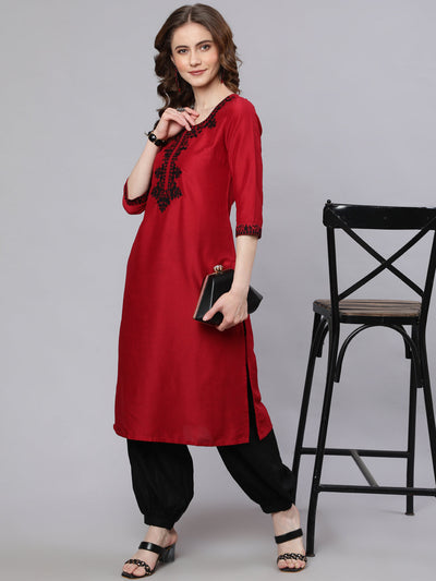 Red Embroidered Straight Kurta