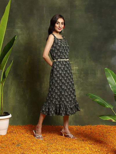 Green Kantha Work A-Line Midi Dress