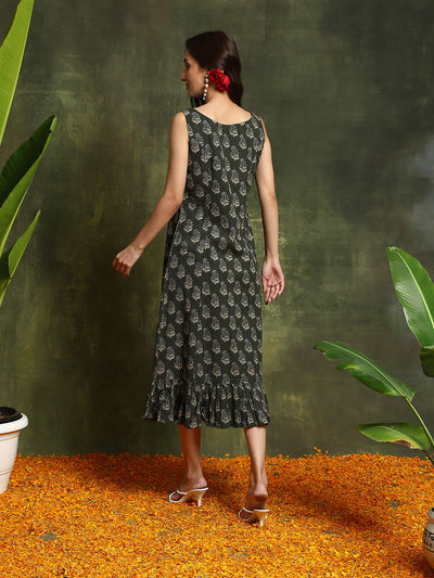 Green Kantha Work A-Line Midi Dress