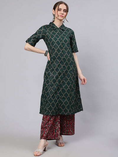 Green Printed Lurex Design A-line Kurta