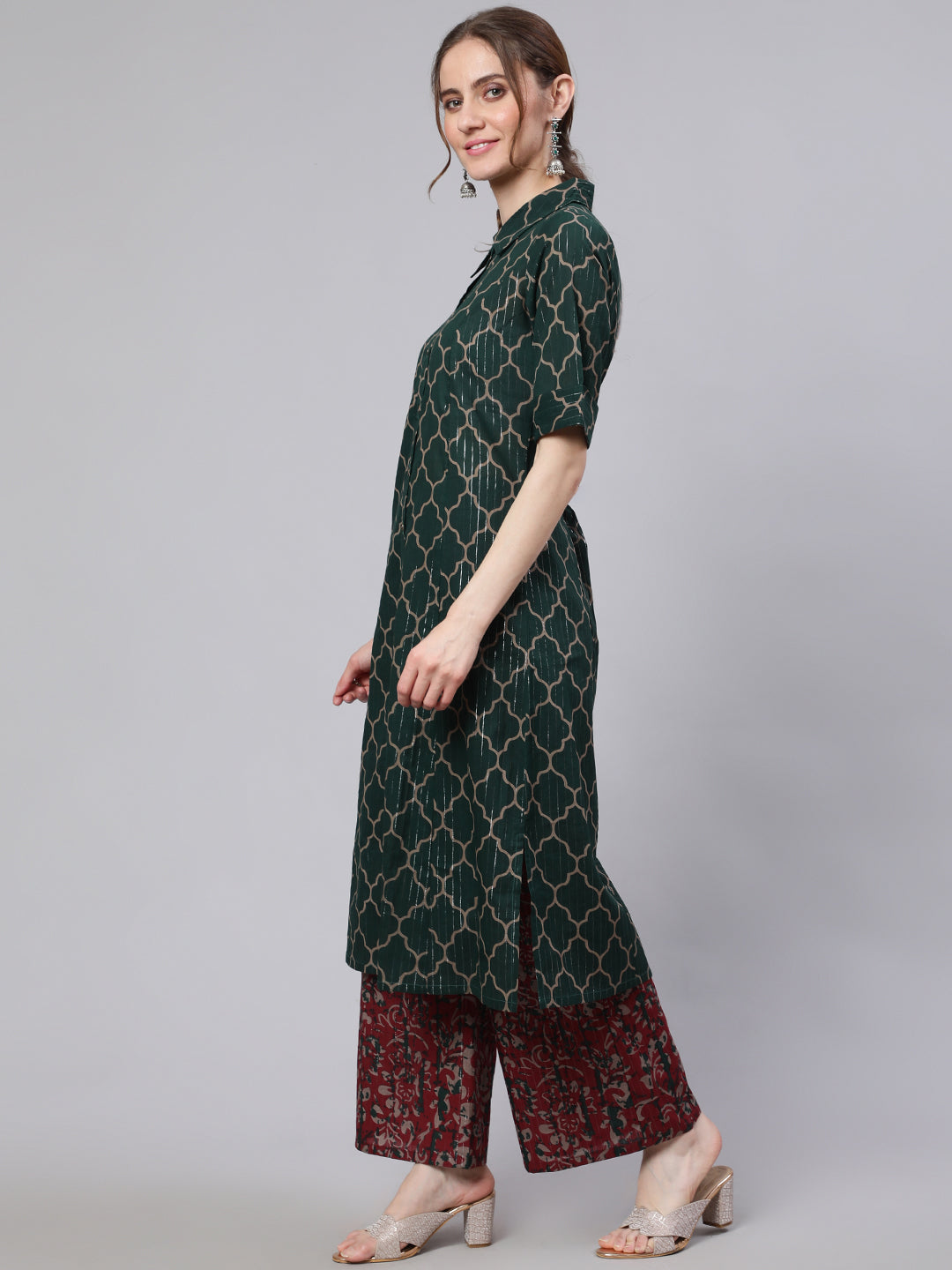 Green Printed Lurex Design A-line Kurta