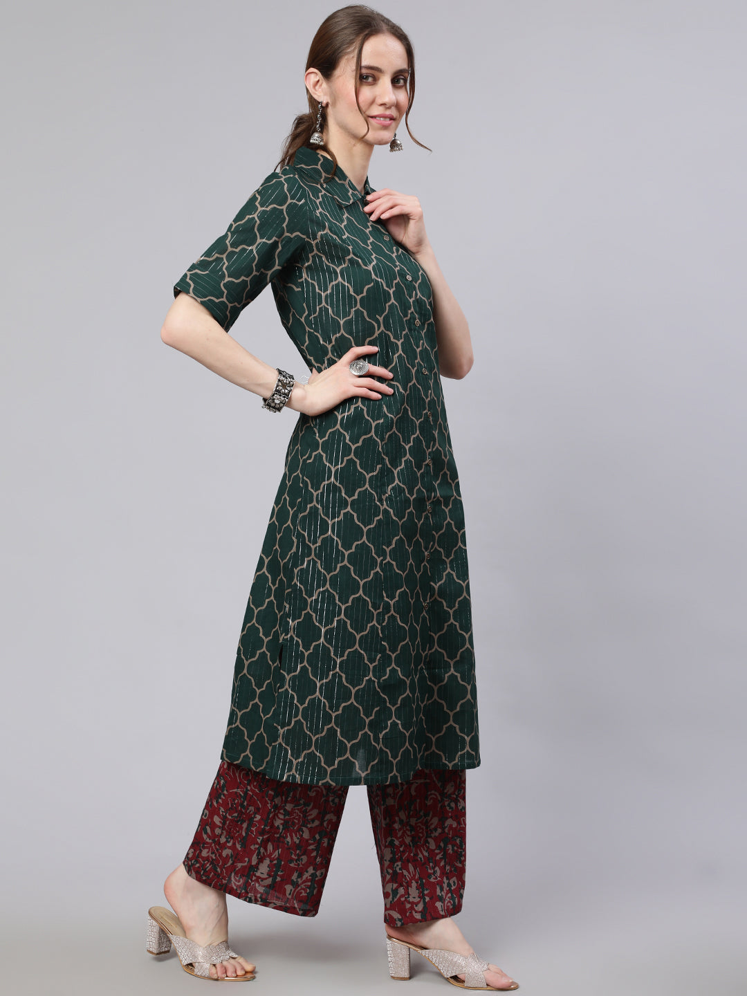 Green Printed Lurex Design A-line Kurta