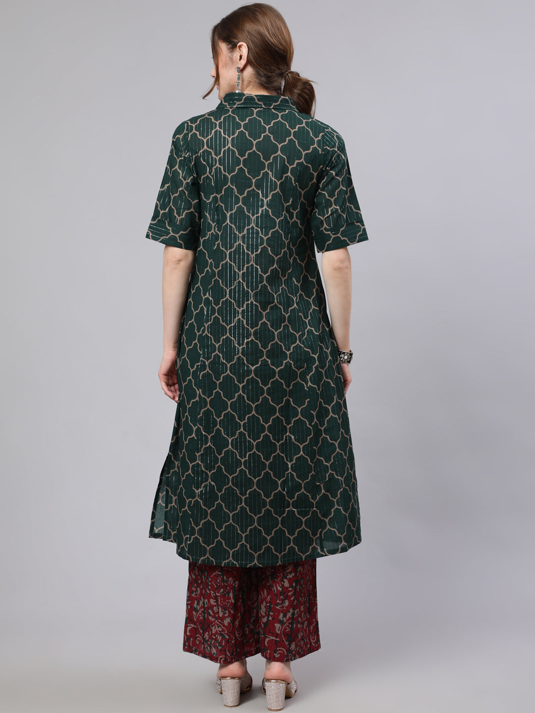 Green Printed Lurex Design A-line Kurta