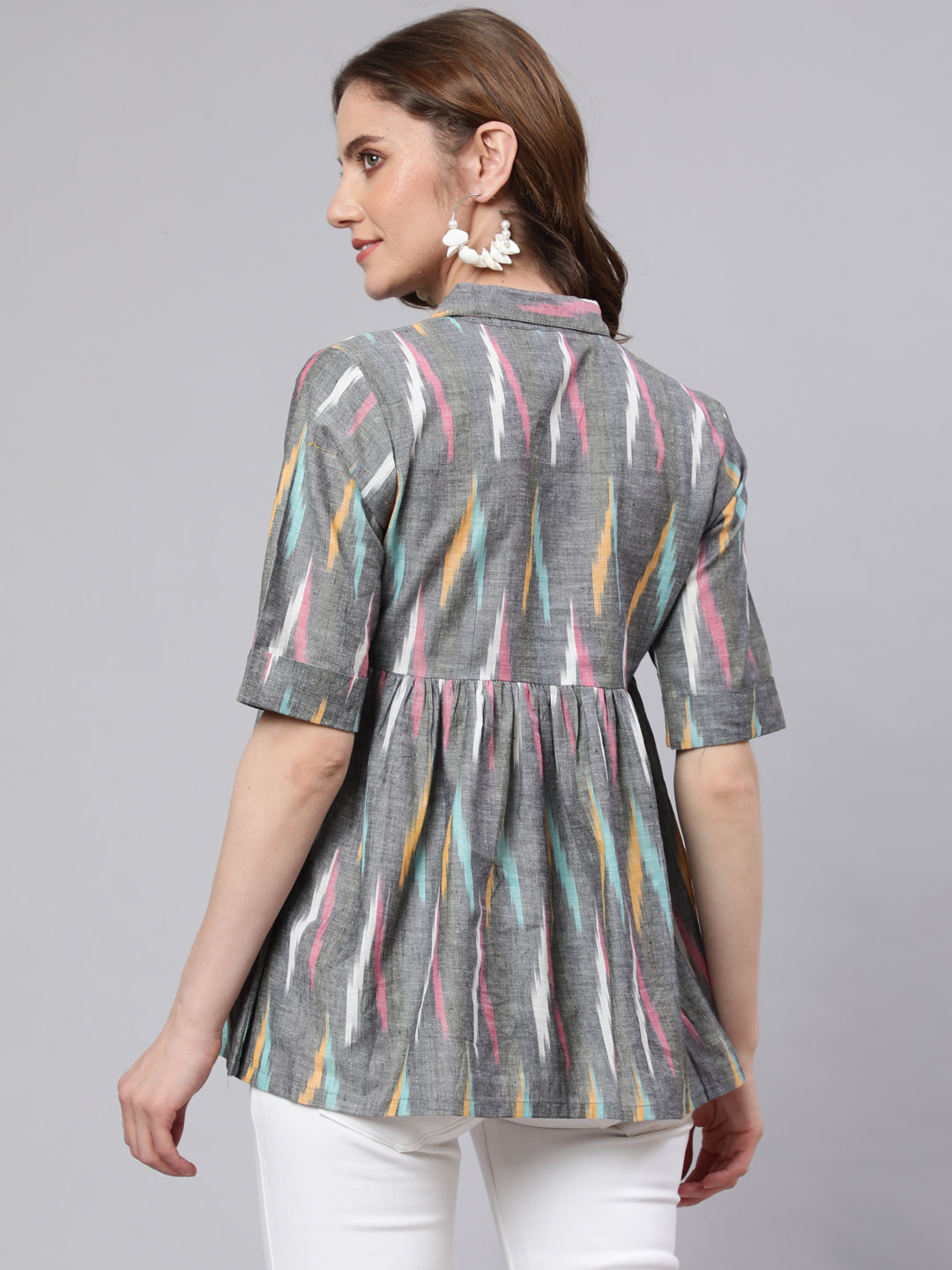 Grey Ikat Print Gathered Tunic