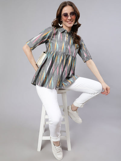 Grey Ikat Print Gathered Tunic