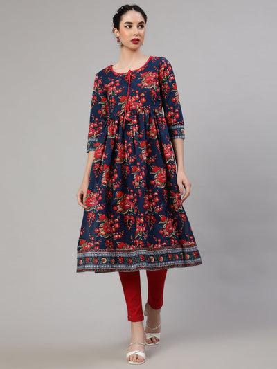 Blue Floral Print Gathered Kurta