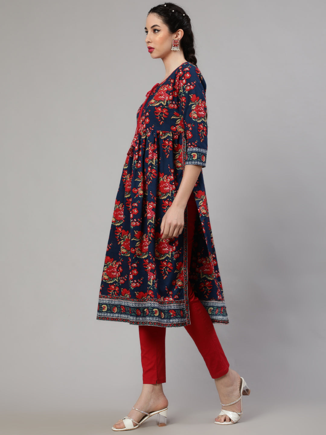 Blue Floral Print Gathered Kurta