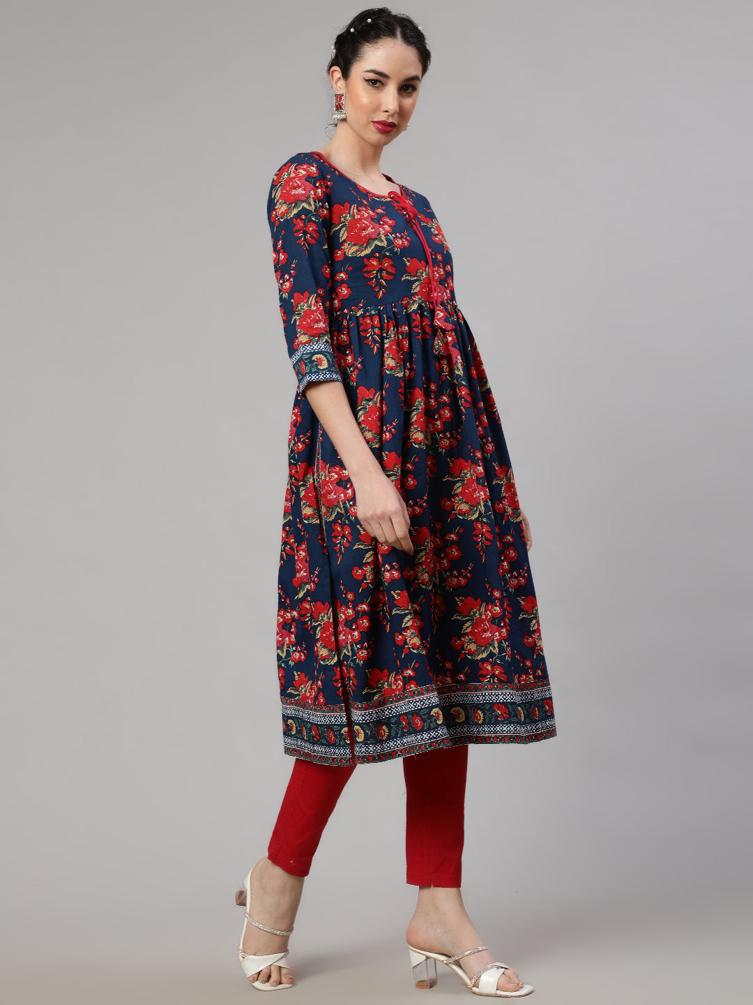 Blue Floral Print Gathered Kurta