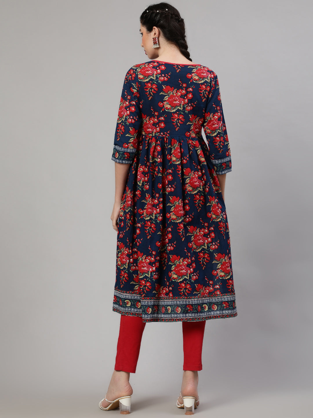 Blue Floral Print Gathered Kurta