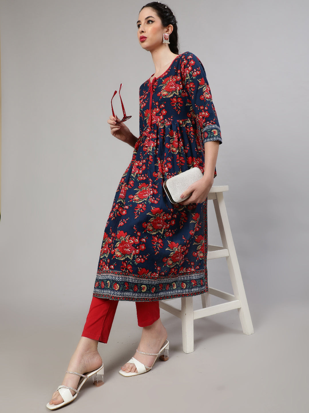 Blue Floral Print Gathered Kurta