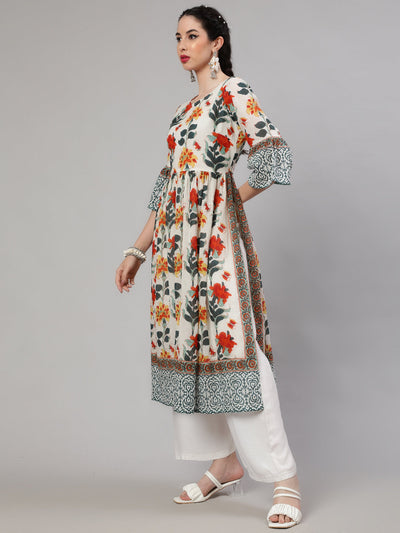 White Floral Print Gathered Kurta