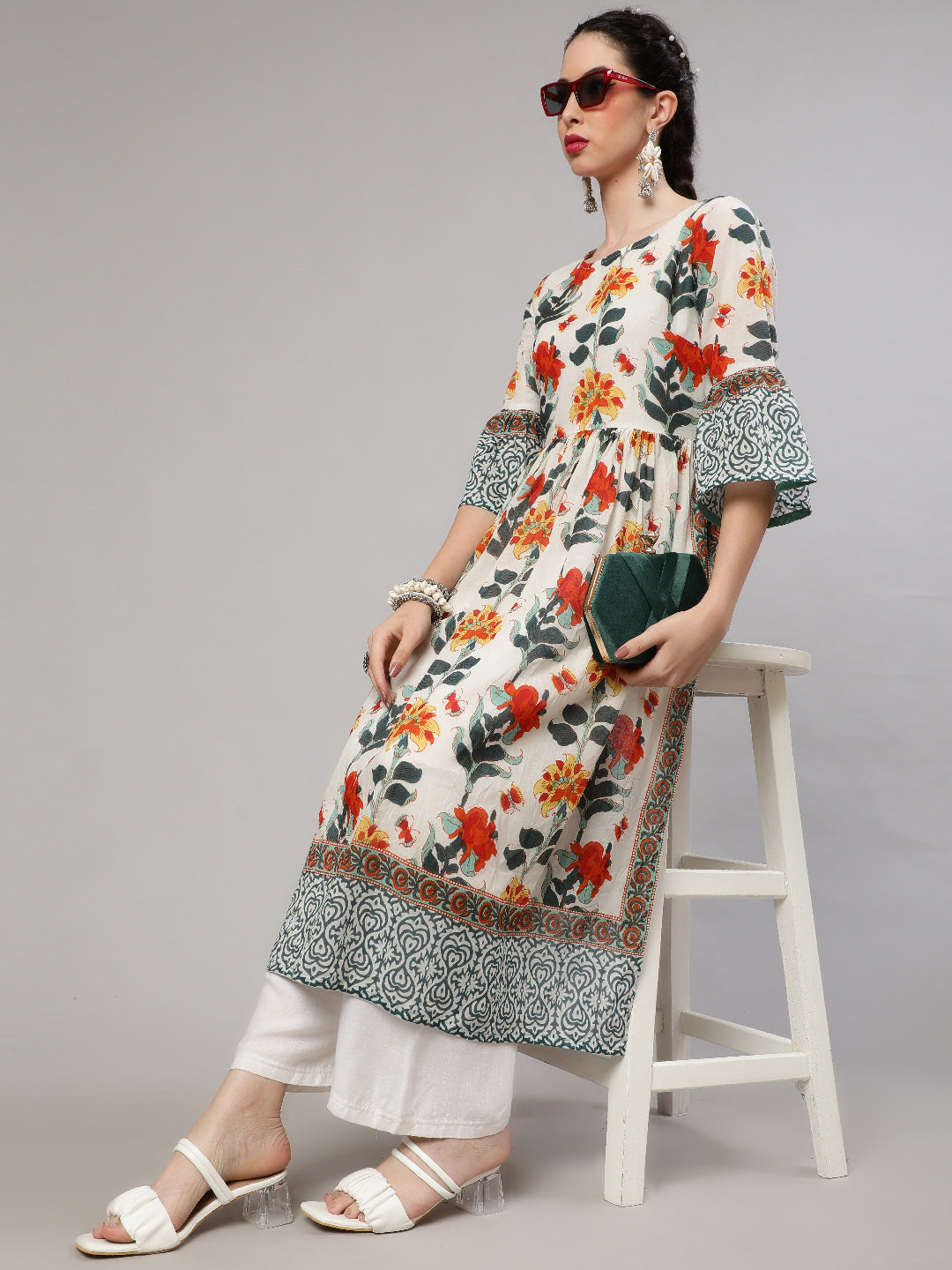 White Floral Print Gathered Kurta