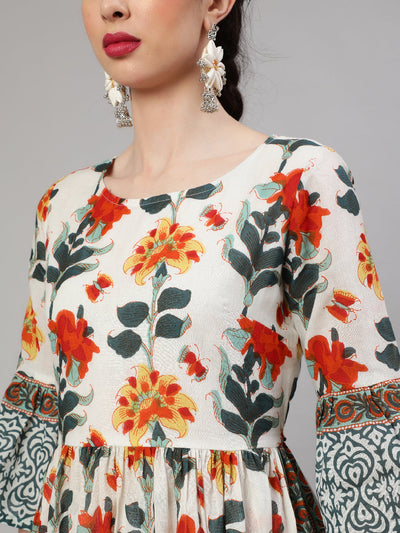 White Floral Print Gathered Kurta