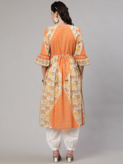 Orange Floral Print Gathered Kurta