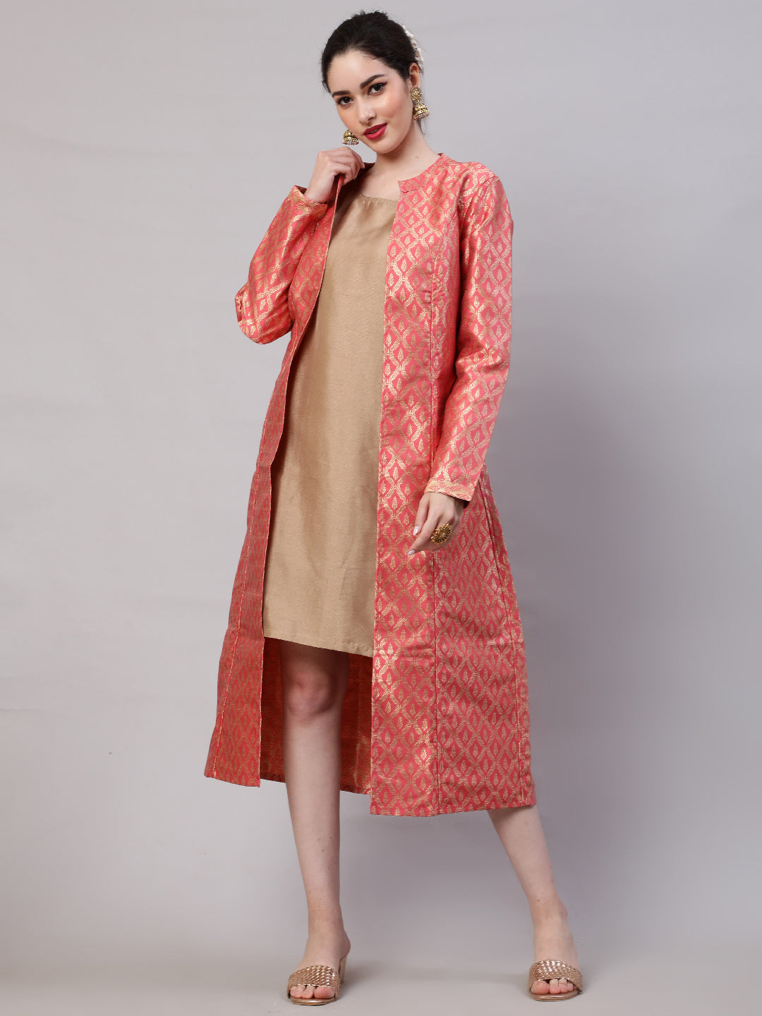 Peach & Gold Brocade Work Layered Dress