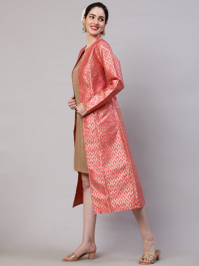 Peach & Gold Brocade Work Layered Dress