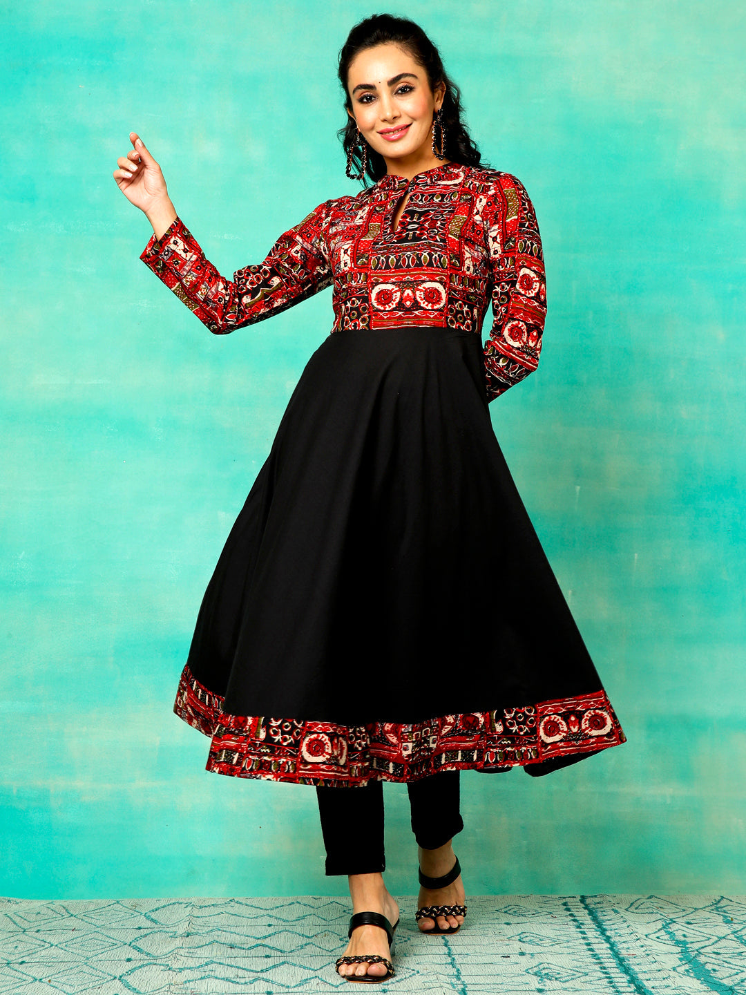 Black & Maroon Printed Anarkali