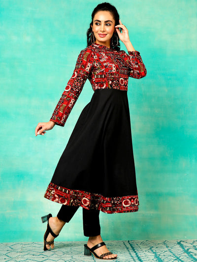 Black & Maroon Printed Anarkali