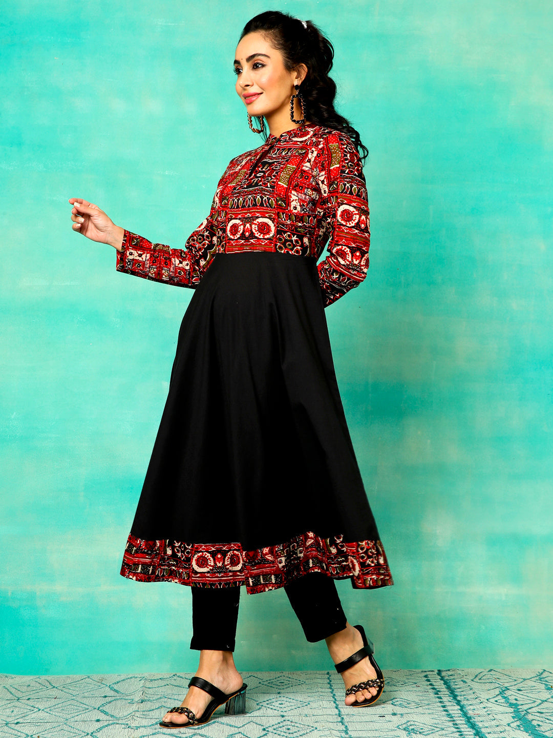 Black & Maroon Printed Anarkali