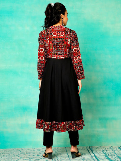 Black & Maroon Printed Anarkali