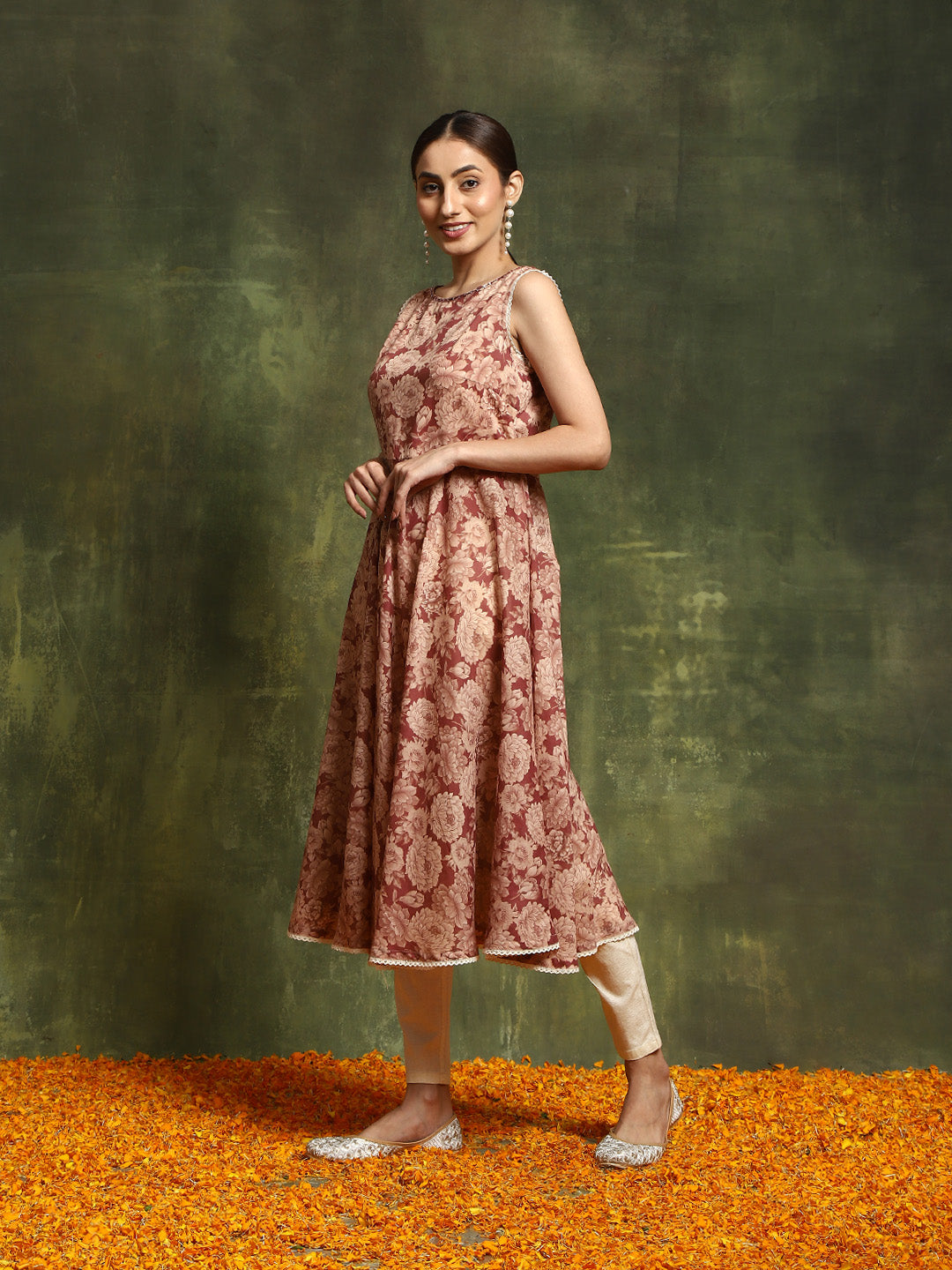 Beige & Rust Floral Print Anarkali