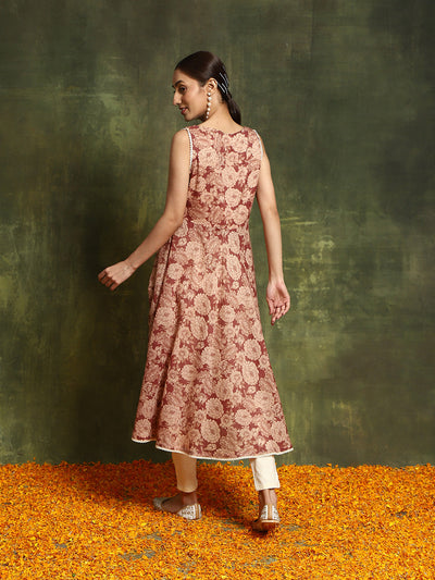 Beige & Rust Floral Print Anarkali