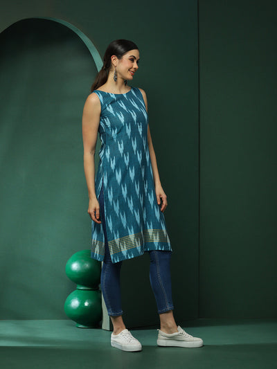 Blue Ikat Print Sleeveless Kurta