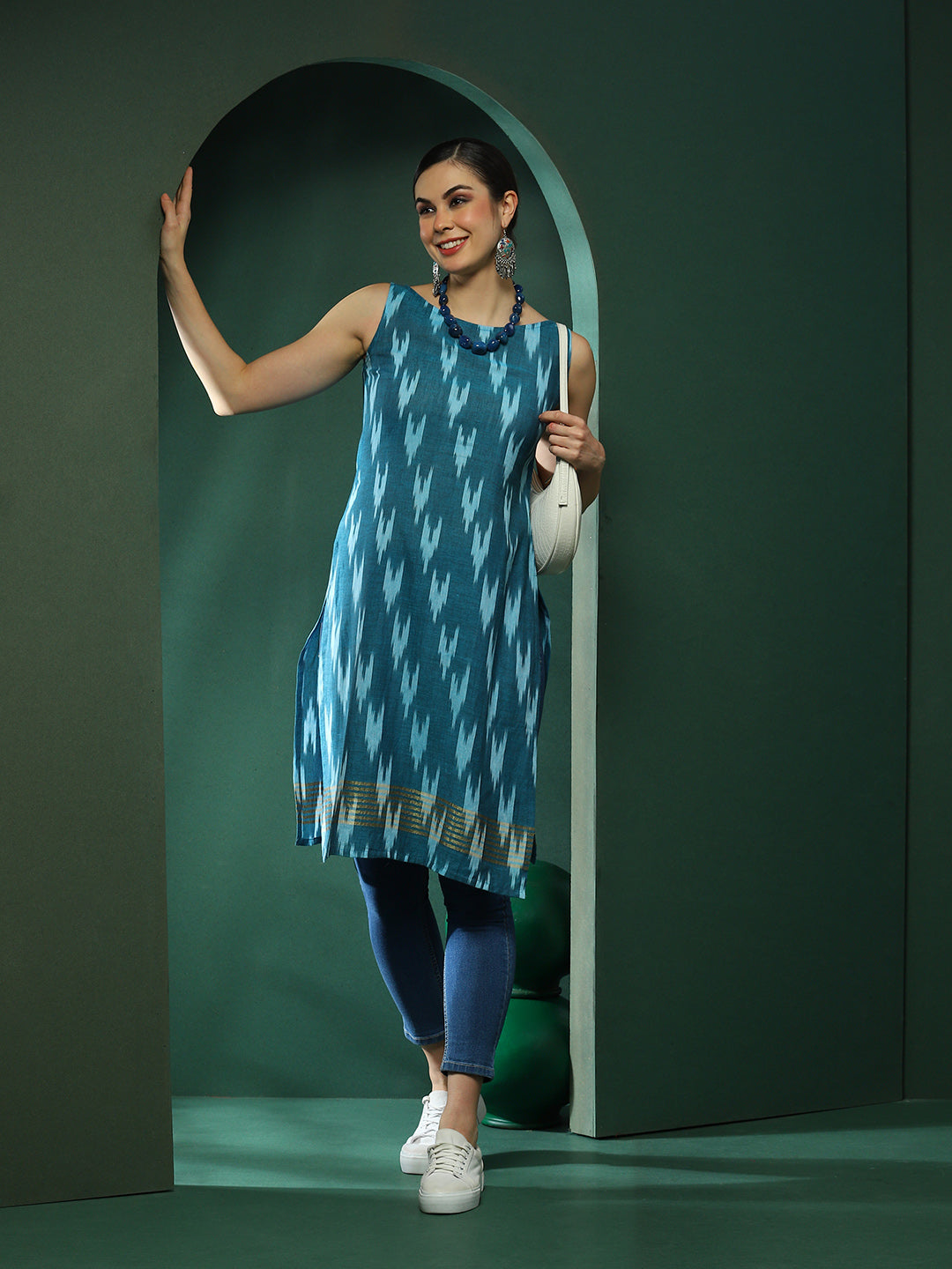 Blue Ikat Print Sleeveless Kurta