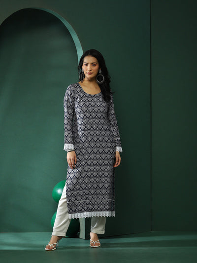 Navy Blue Lace Detailed Printed Kurta