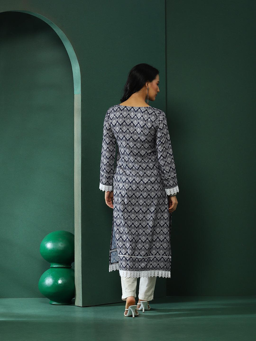 Navy Blue Lace Detailed Printed Kurta