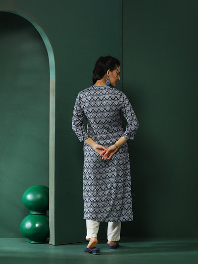 Navy Blue & White Printed Kurta