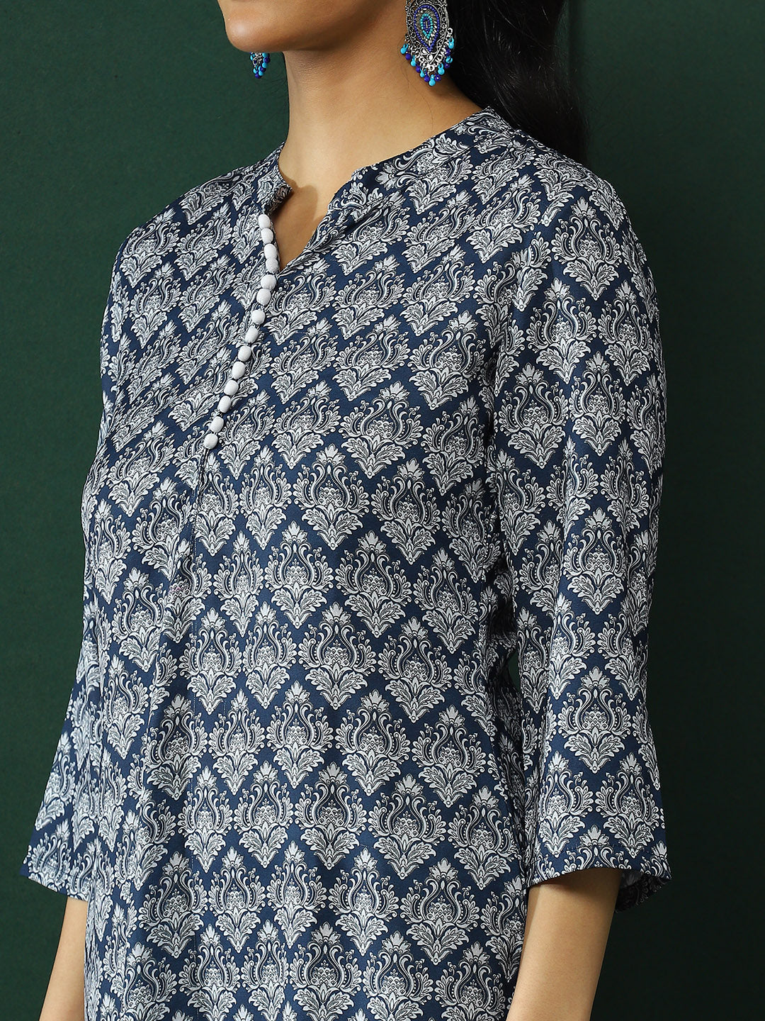 Navy Blue & White Printed Kurta