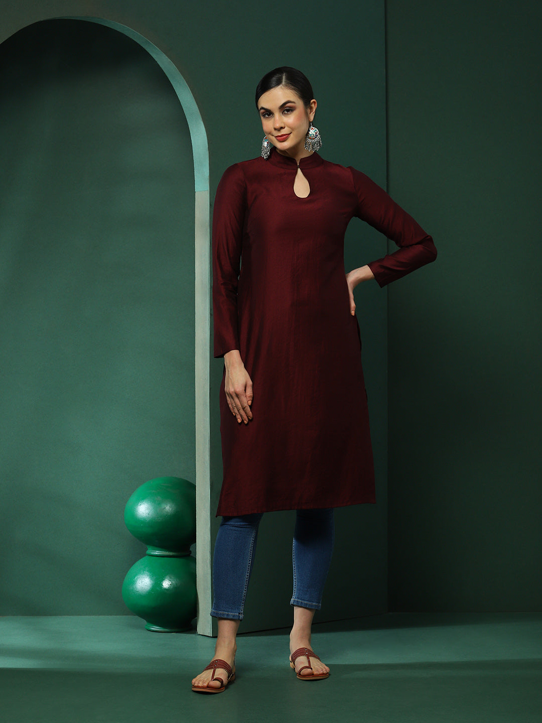 Wine Sweetheart Neck Kurta