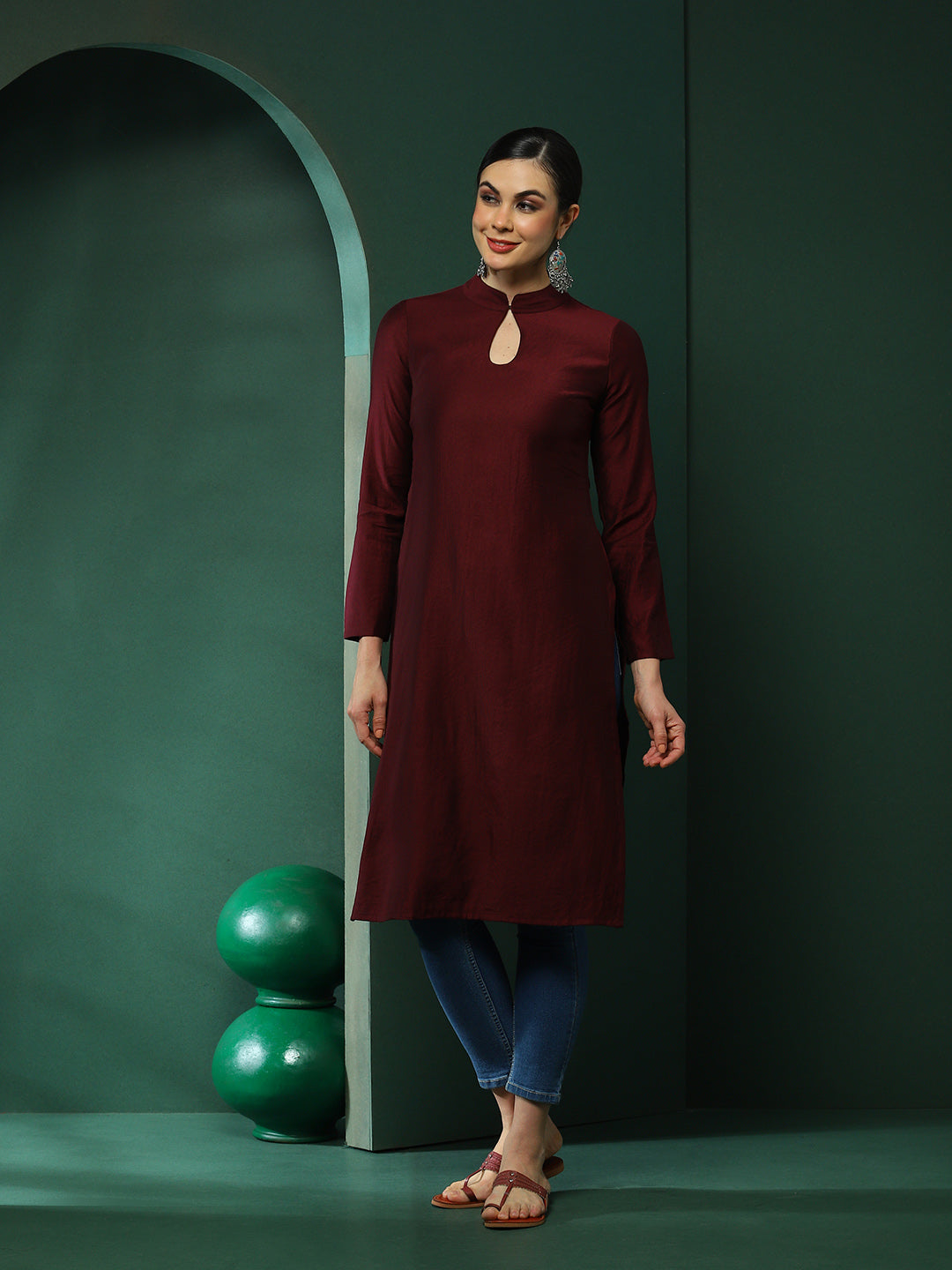 Wine Sweetheart Neck Kurta