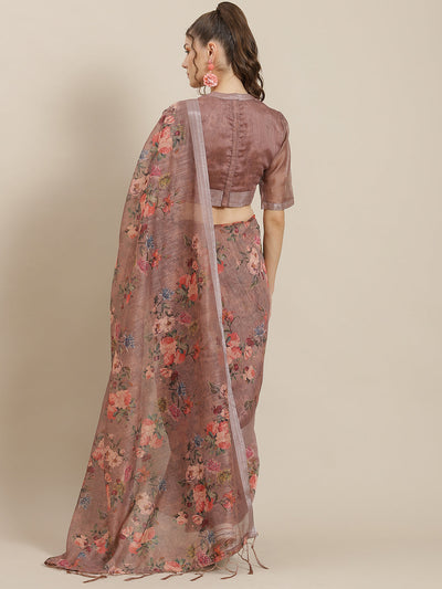 Brown Floral Print Saree With Blouse Piece