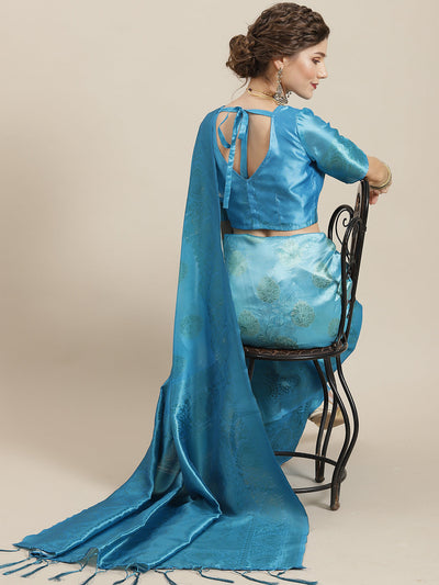 Blue Gold Zari Work Banarasi Jacquard Saree With Blouse Piece