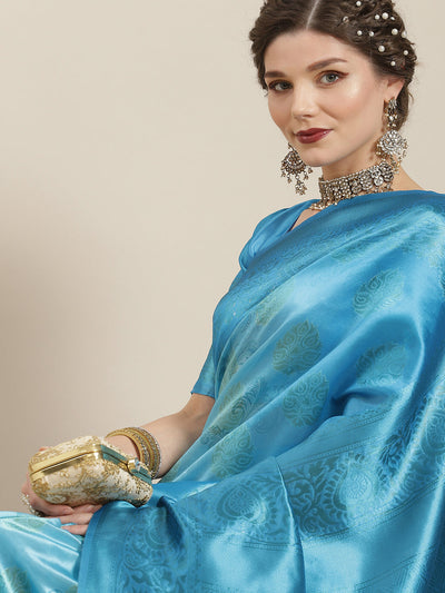Blue Gold Zari Work Banarasi Jacquard Saree With Blouse Piece