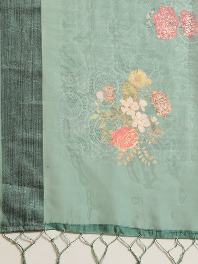 Green Floral Print Organza Saree With Blouse Piece