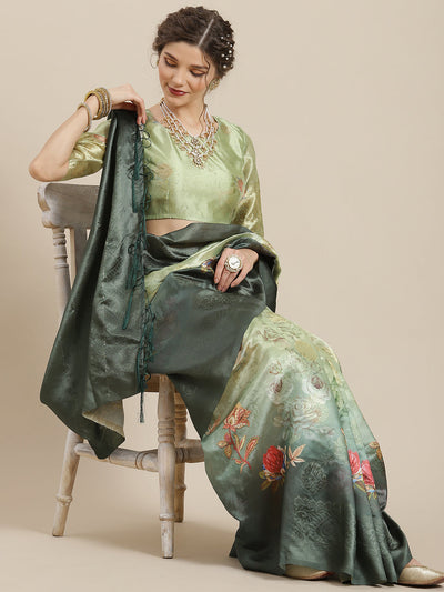 Green Floral Print Banarasi Jacquard Saree With Blouse Piece