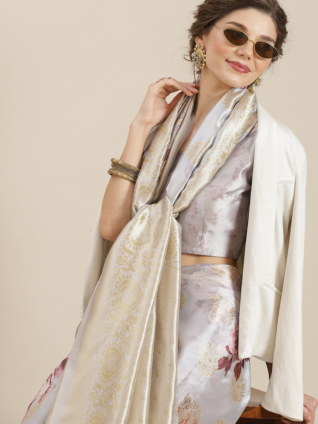 Grey  Floral Print Banarasi Jacquard Saree With Blouse Piece