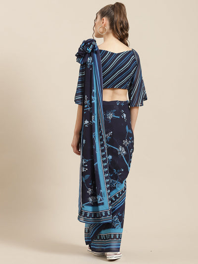 Navy Blue Floral Print Saree With Blouse Piece