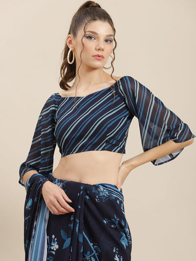 Navy Blue Floral Print Saree With Blouse Piece