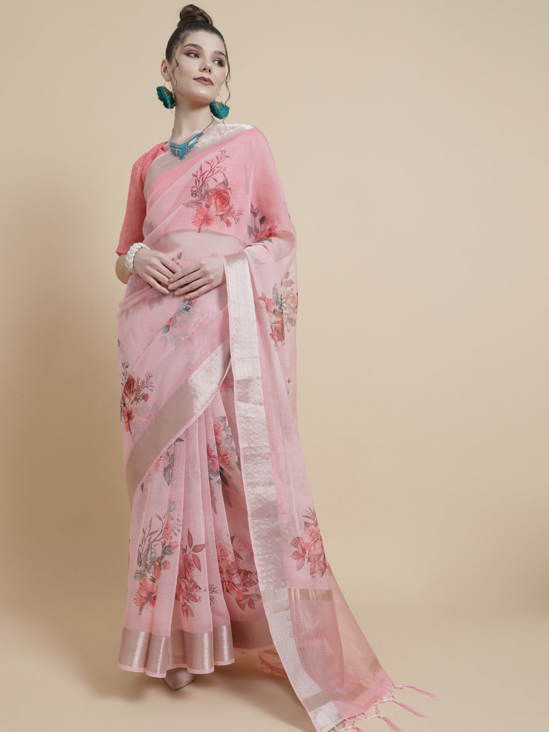 Pink Floral Print Saree With Blouse Piece